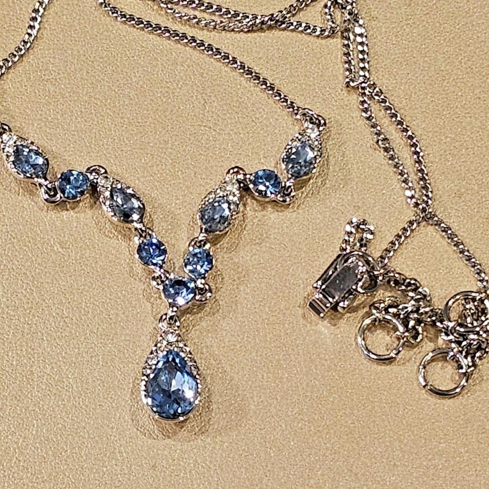 Givenchy Blue Crystal Drop Necklace Silver Tone Chain Teardrop